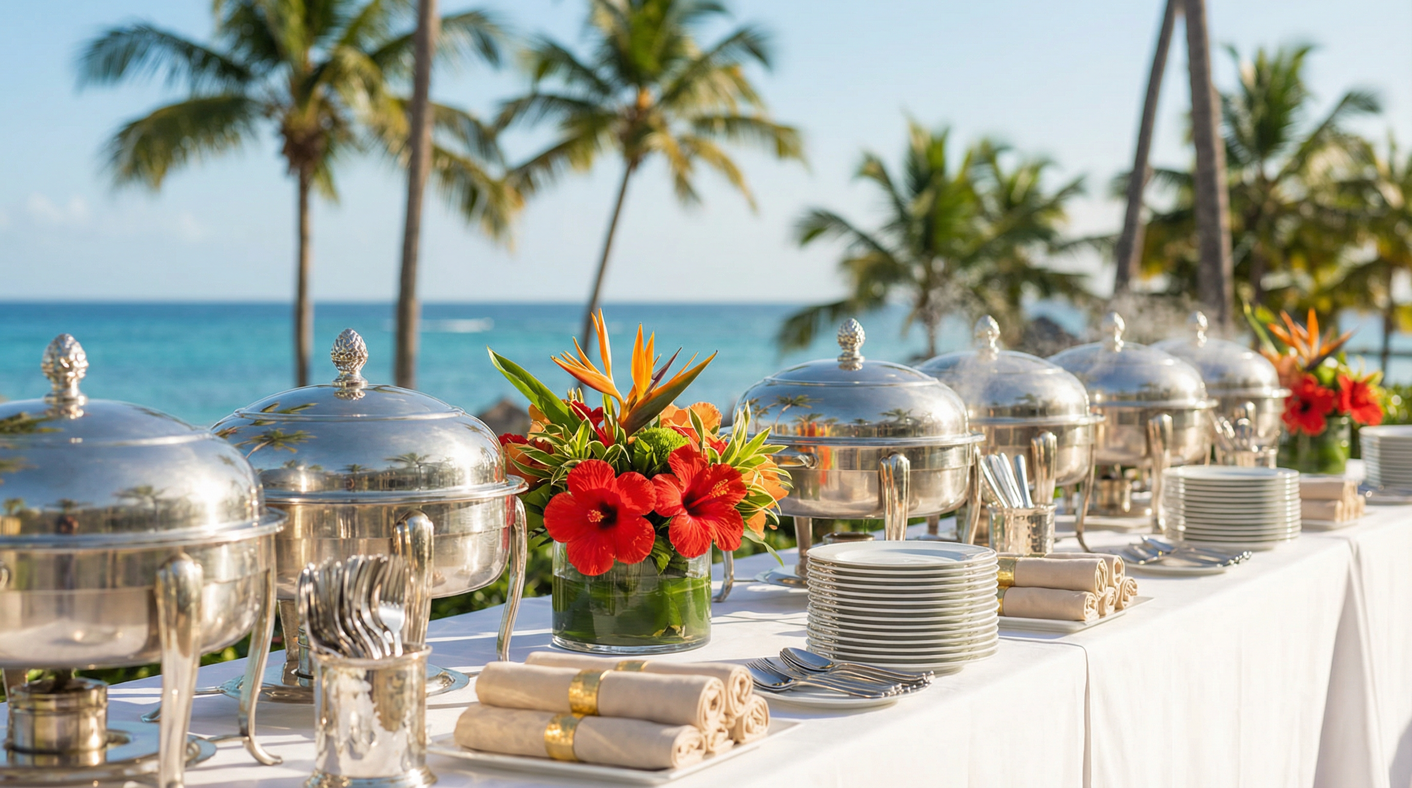 Elegant tropical brunch buffet setup