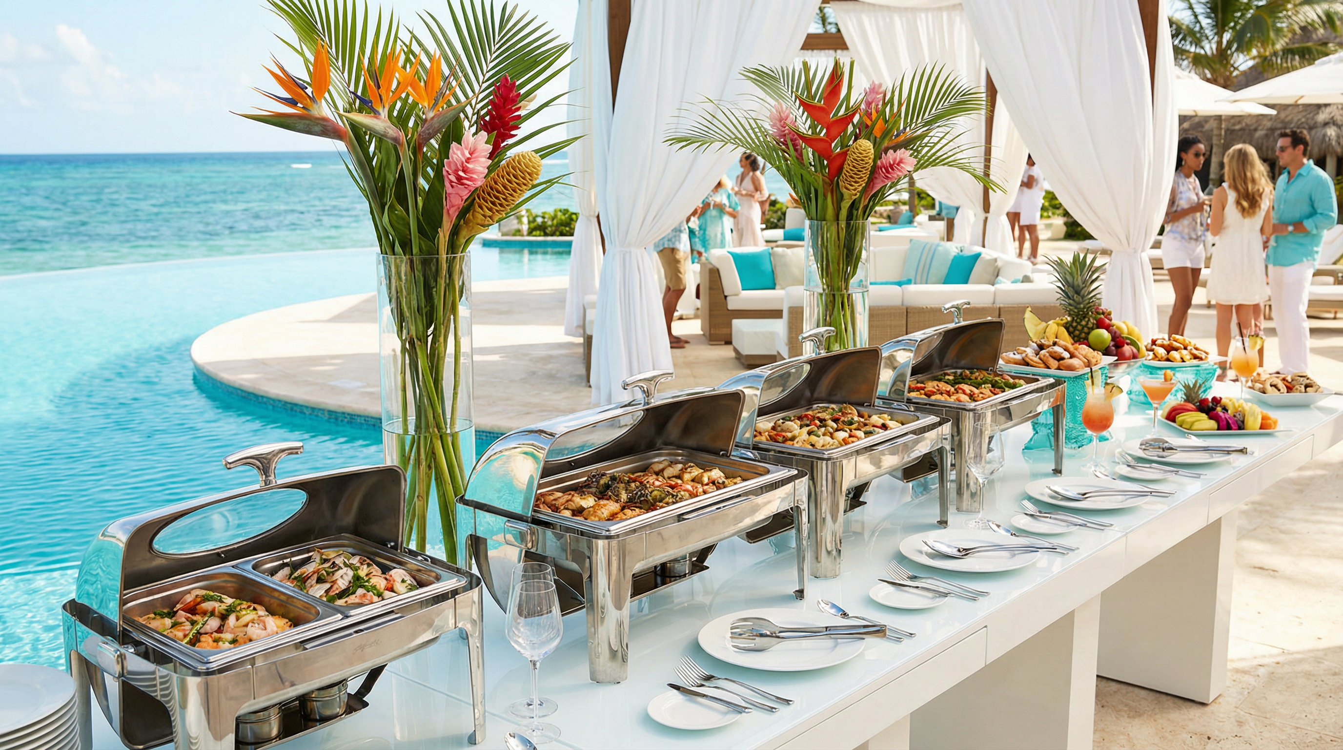 Poolside resort brunch setup