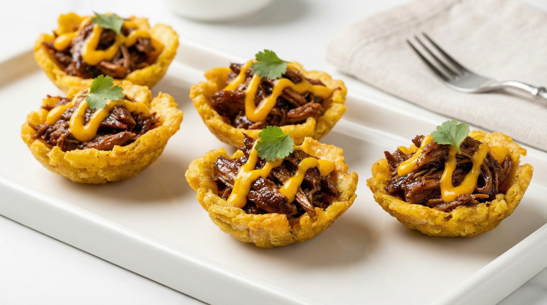 Crispy Thin Green Plantain Cups w/Jerked Chicken Bites