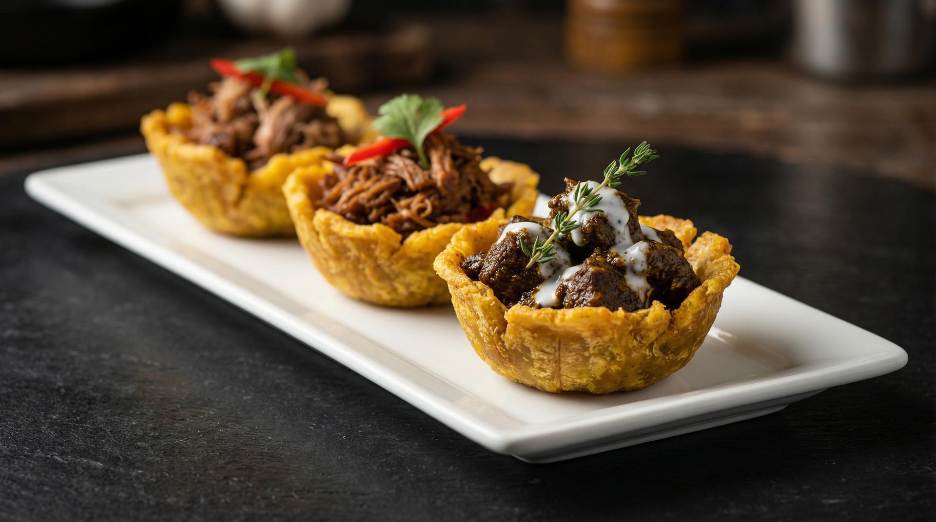 Crispy Thin Green Plantain Cups w/Curried Goat or Jerk Pork